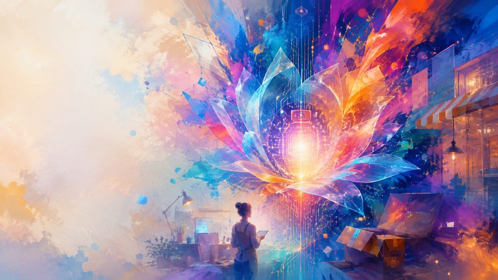 Illustration of a person at a desk facing an abstract technological bloom